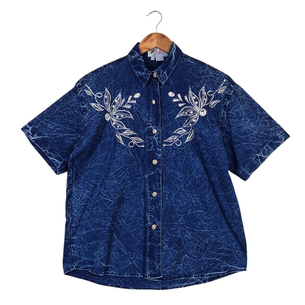 Vintage 90s Western Revival Shirt sz L Blue Beaded Rhinestone Embellished Glam